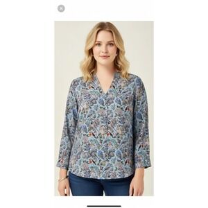 J.Jill Bird Floral Print Top Size 3X Blue Green V Neck Long Sleeves Blouse Boho